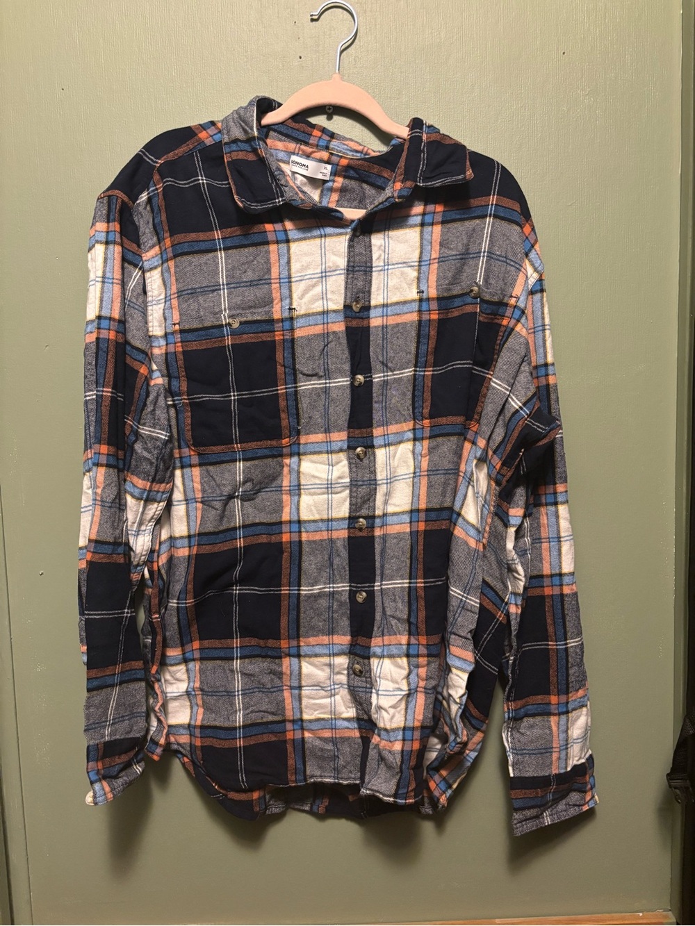 Sonoma Navy, White & Orange Plaid Casual Button-Down Shirt